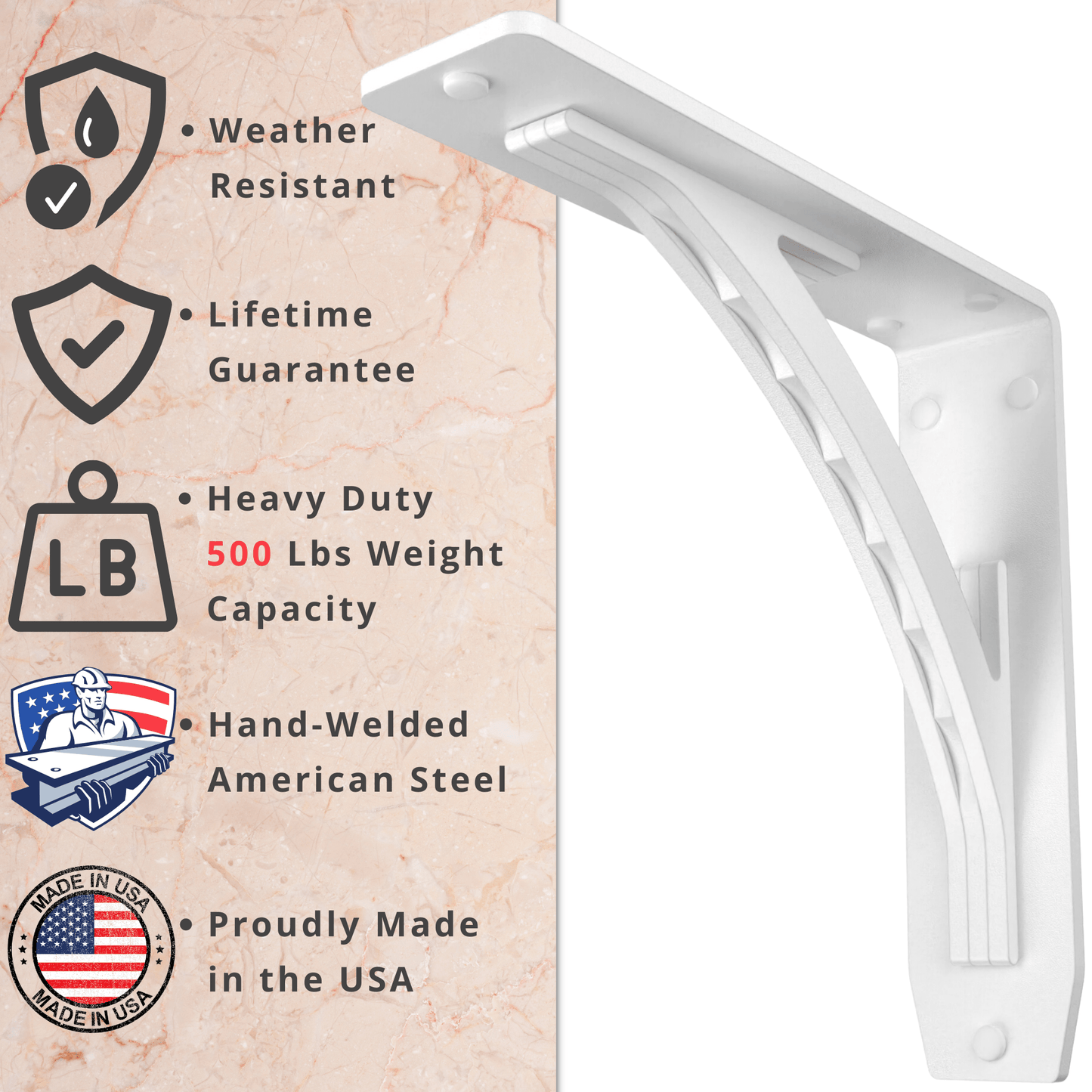 STARBY Designer Heavy Duty Metal Shelf Brackets (2 Each) - Fireplace Mantel Corbels, Shelf Brackets and Counter Supports - Wrought Iron White Finish - Hardware Included - 500 # Capacity - Made in USA