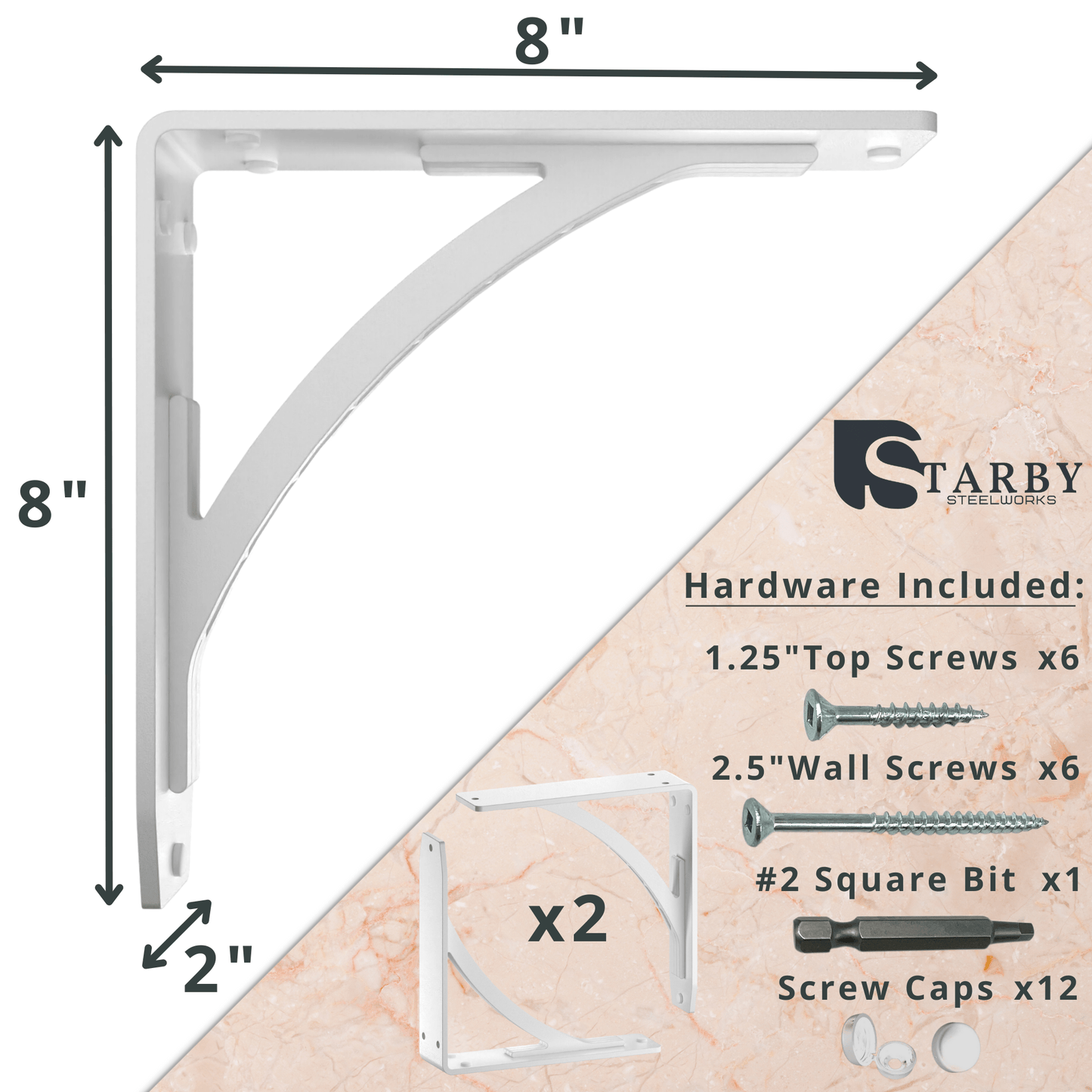 STARBY Designer Heavy Duty Metal Shelf Brackets (2 Each) - Fireplace Mantel Corbels, Shelf Brackets and Counter Supports - Wrought Iron White Finish - Hardware Included - 500 # Capacity - Made in USA
