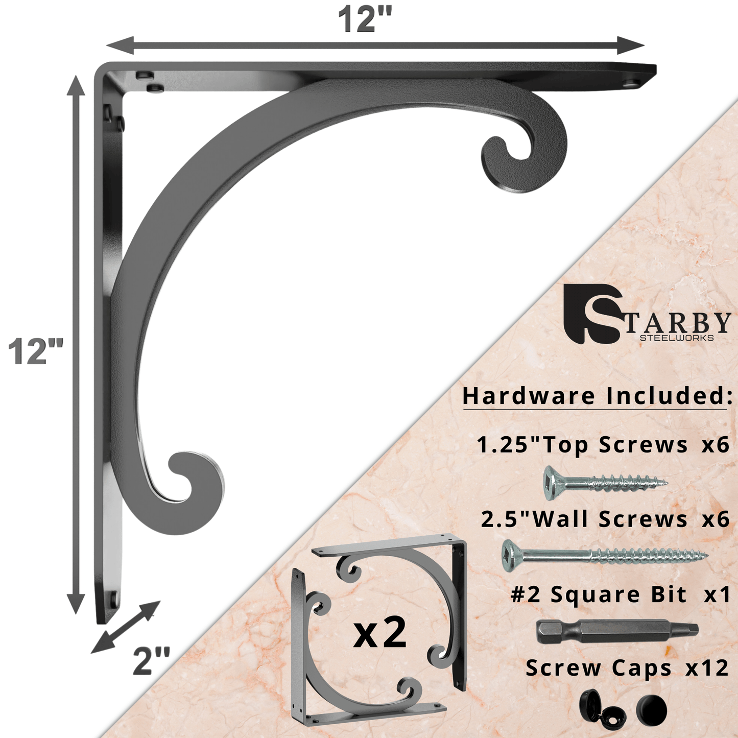 Starby Southern Charm Heavy Duty Steel Fireplace Mantel Brackets, Floating Shelf, Countertop Support - Hand Welded (2 Pack)