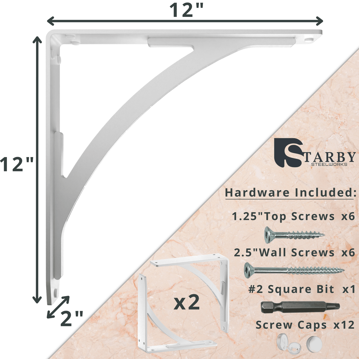 STARBY Designer Heavy Duty Metal Shelf Brackets (2 Each) - Fireplace Mantel Corbels, Shelf Brackets and Counter Supports - Wrought Iron White Finish - Hardware Included - 500 # Capacity - Made in USA