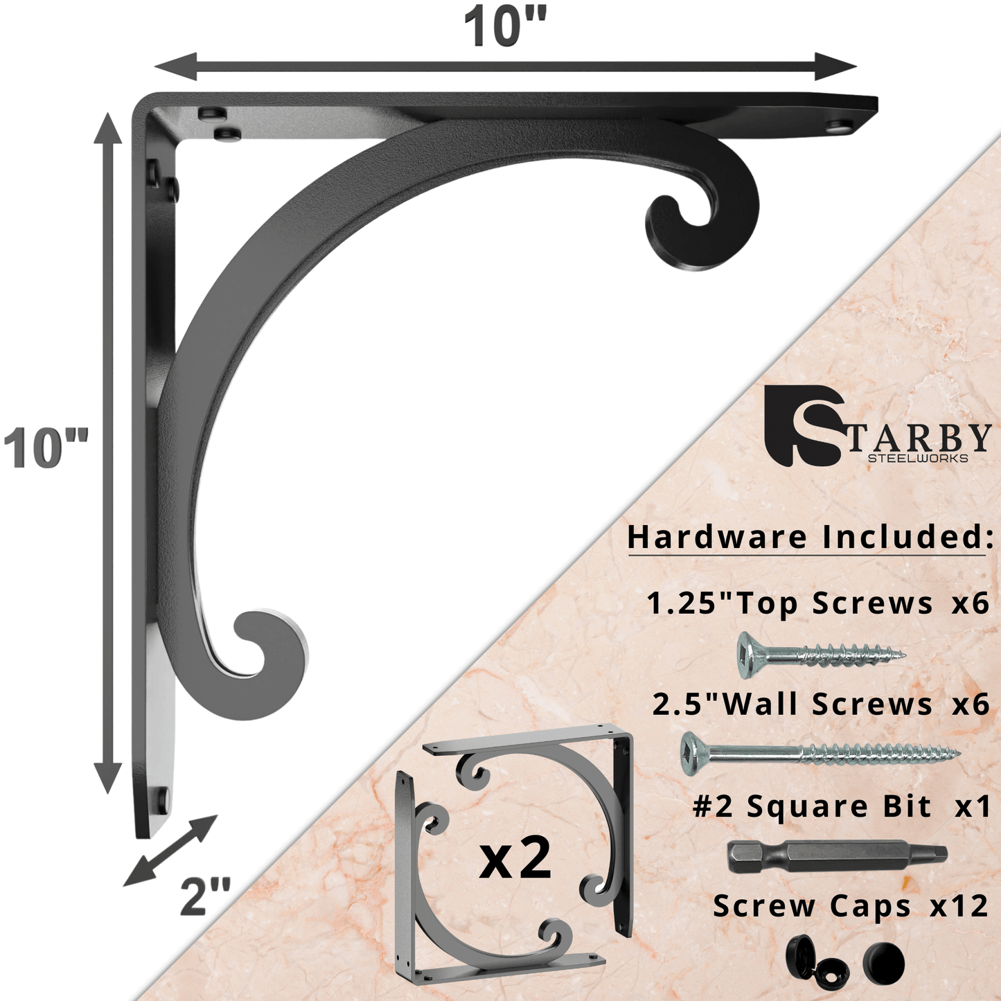 Starby Southern Charm Heavy Duty Steel Fireplace Mantel Brackets, Floating Shelf, Countertop Support - Hand Welded (2 Pack)