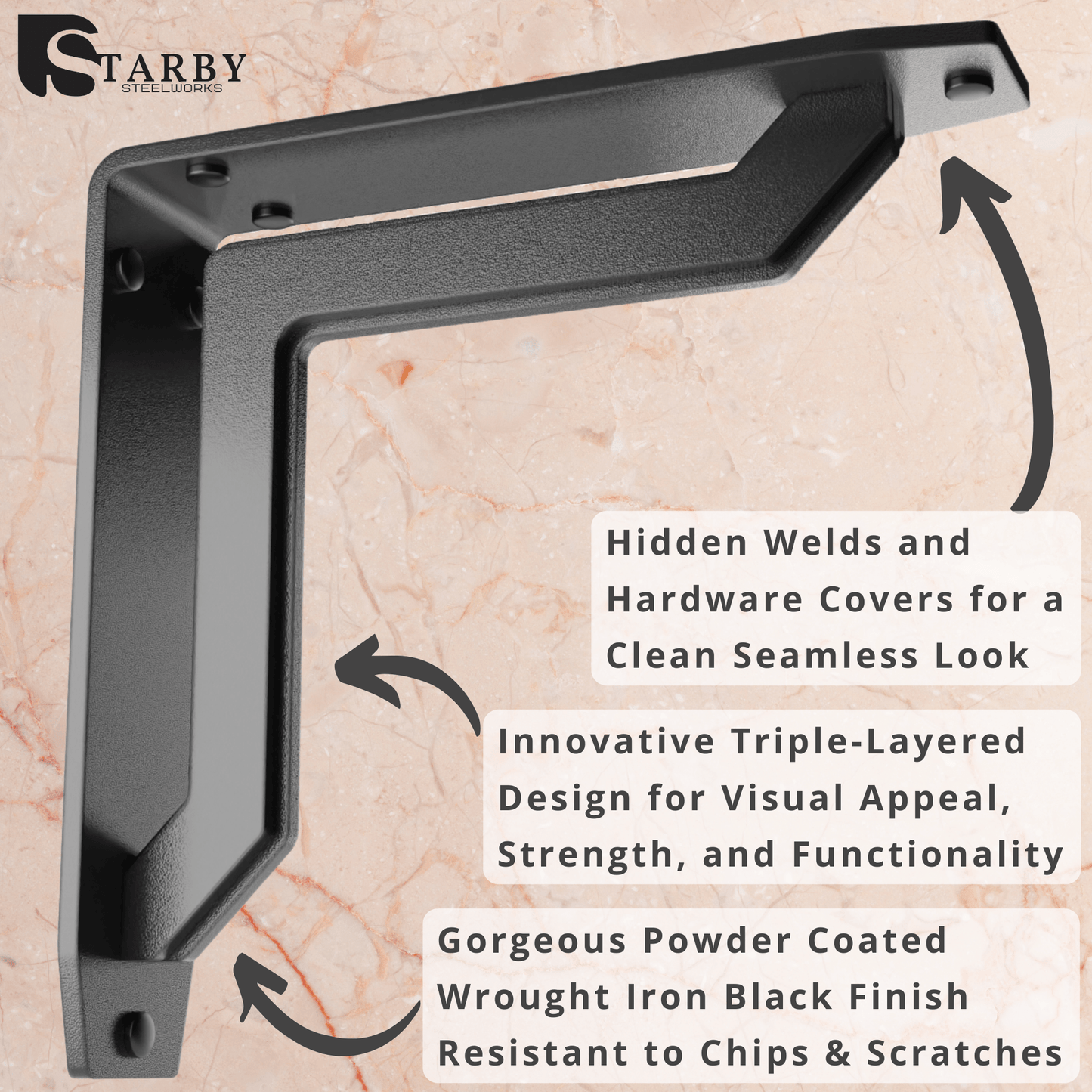 LUCCA HEAVY DUTY STEEL FIREPLACE MANTEL BRACKETS, FLOATING SHELF, COUNTERTOP SUPPORT - HAND WELDED - MULTIPLE SIZES