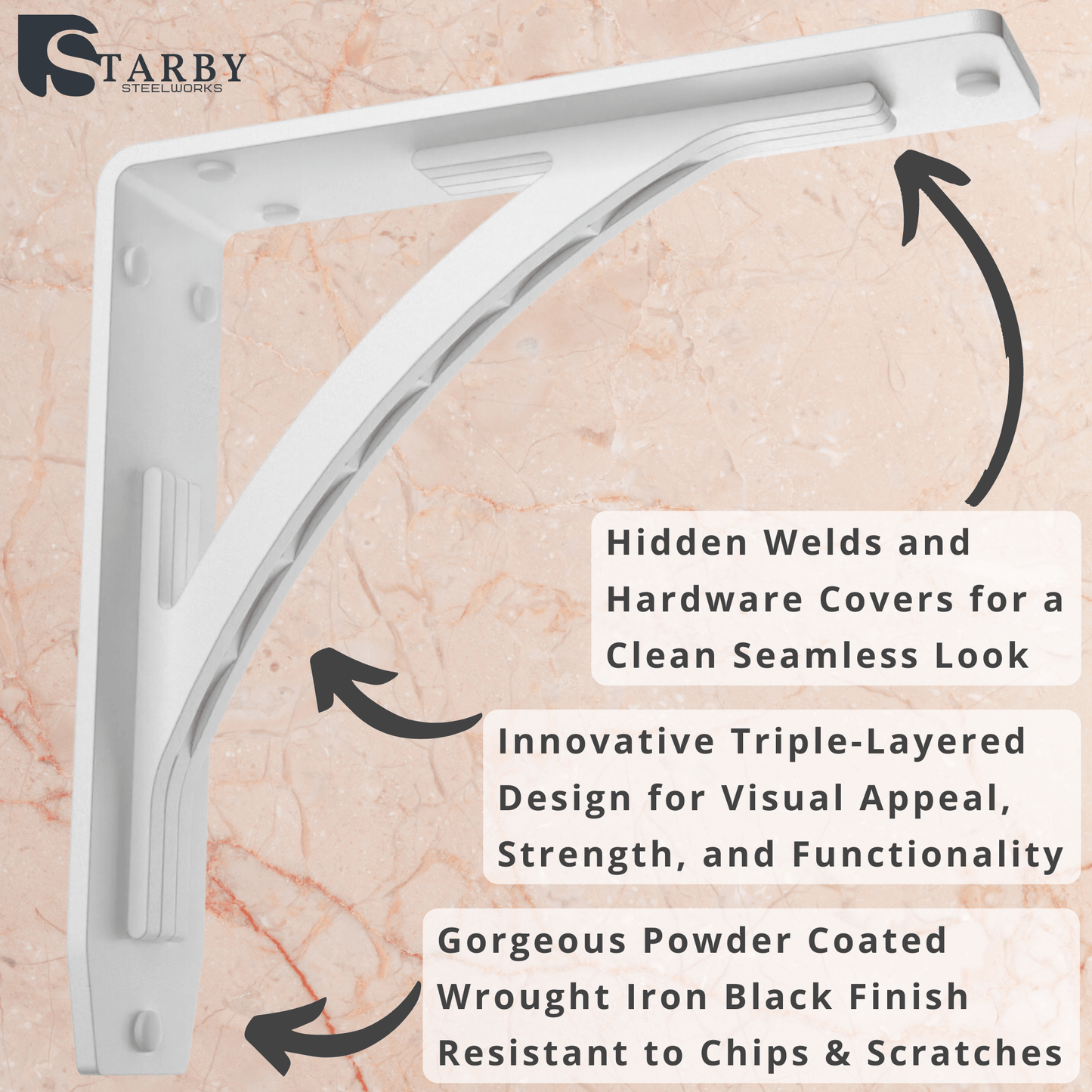 STARBY Designer Heavy Duty Metal Shelf Brackets (2 Each) - Fireplace Mantel Corbels, Shelf Brackets and Counter Supports - Wrought Iron White Finish - Hardware Included - 500 # Capacity - Made in USA