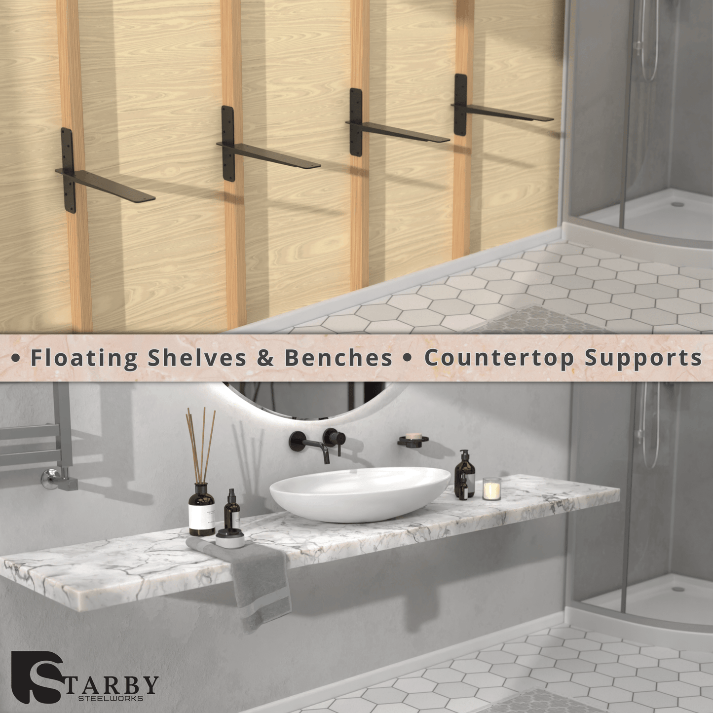 Ultimate Heavy-Duty Floating Granite Bracket - Premium T-Bracket for Cantilever Shelving | Strong, Invisible Support for Free Hanging Countertop Shelf Bench| Made in USA | Sleek Seamless DIY Design | Lifetime Warranty (1-PACK)