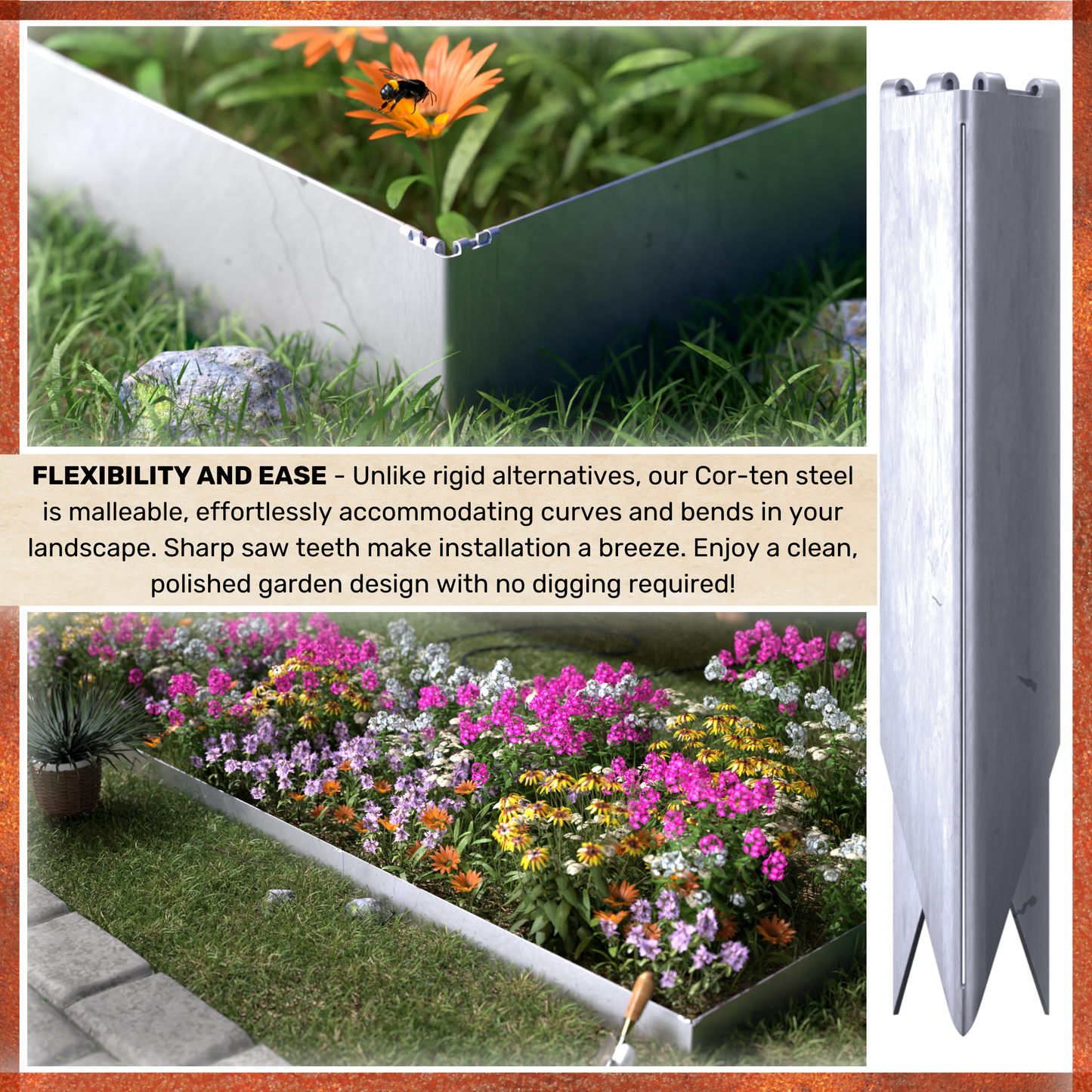 Cor-Ten Steel Landscape Edging - Weathering Rust Patina Finish - 45x8 inch 14-Gauge (5-Pack)