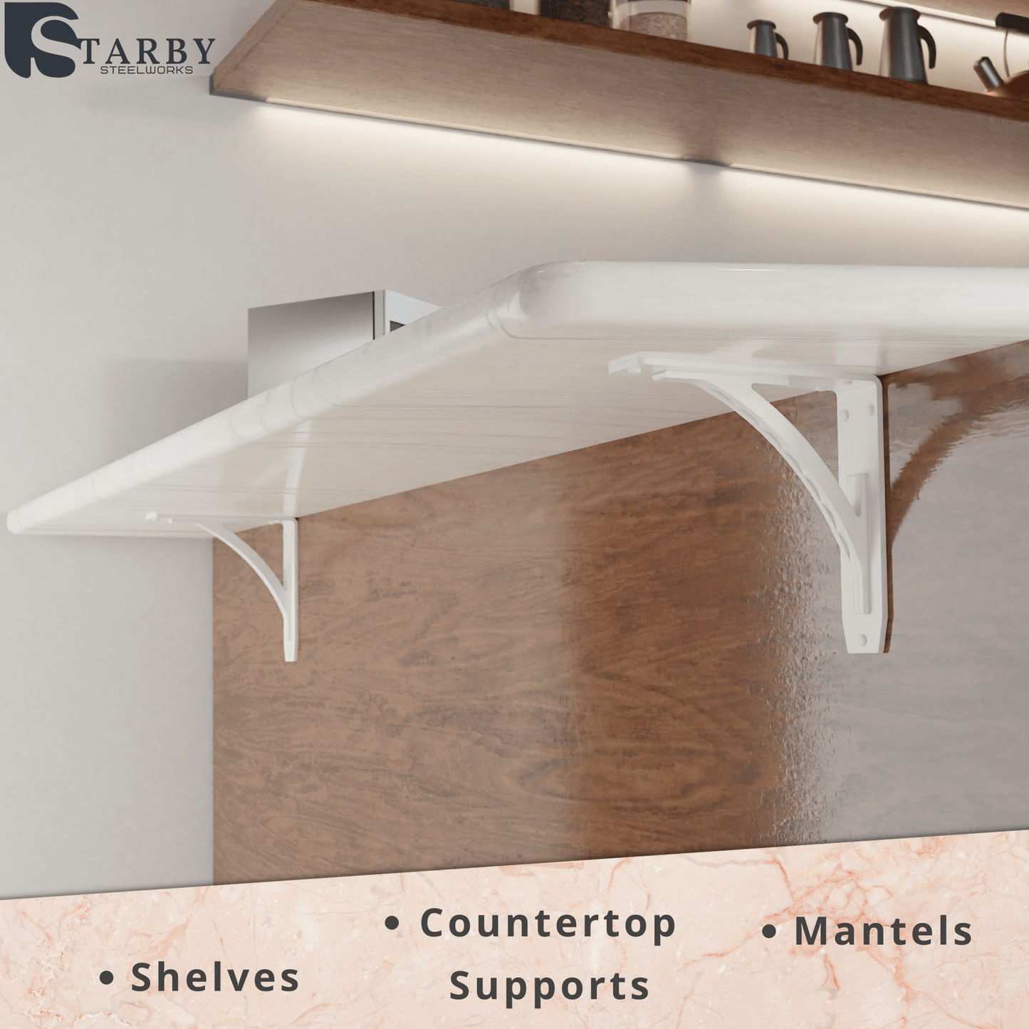 STARBY Designer Heavy Duty Metal Shelf Brackets (2 Each) - Fireplace Mantel Corbels, Shelf Brackets and Counter Supports - Wrought Iron White Finish - Hardware Included - 500 # Capacity - Made in USA