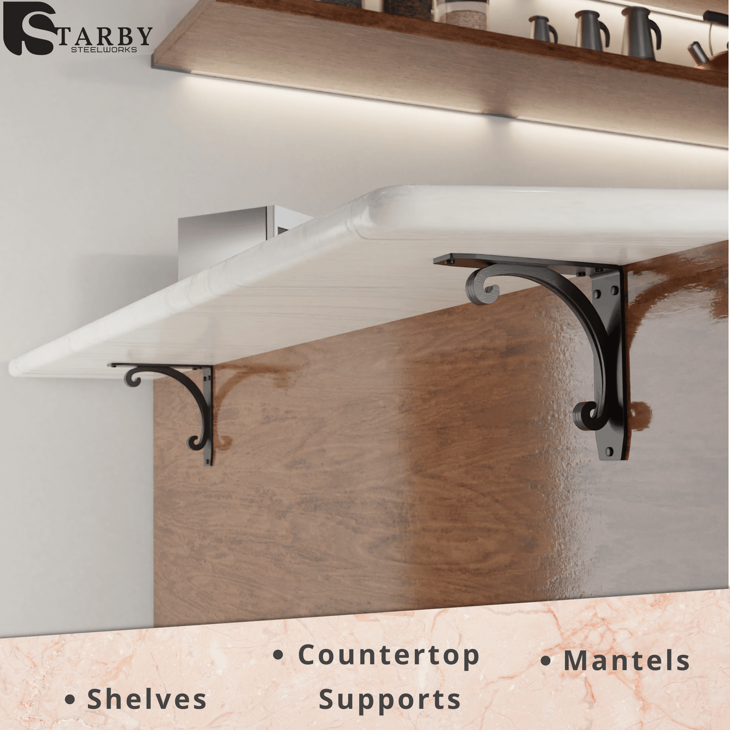 Starby Southern Charm Heavy Duty Steel Fireplace Mantel Brackets, Floating Shelf, Countertop Support - Hand Welded (2 Pack)