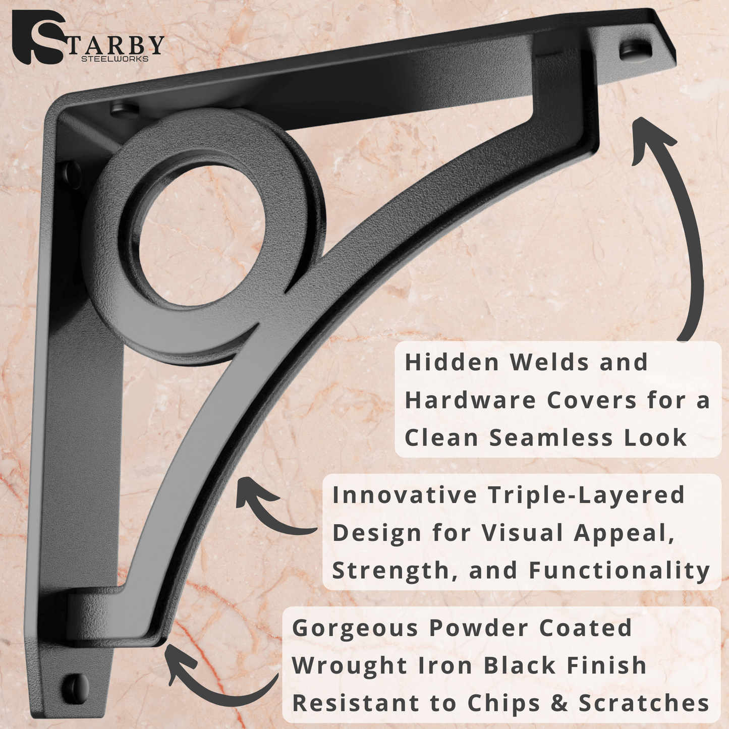 PARK CIRCLE HEAVY DUTY STEEL FIREPLACE MANTEL BRACKETS, FLOATING SHELF, COUNTERTOP SUPPORT - HAND WELDED - MULTIPLE SIZES
