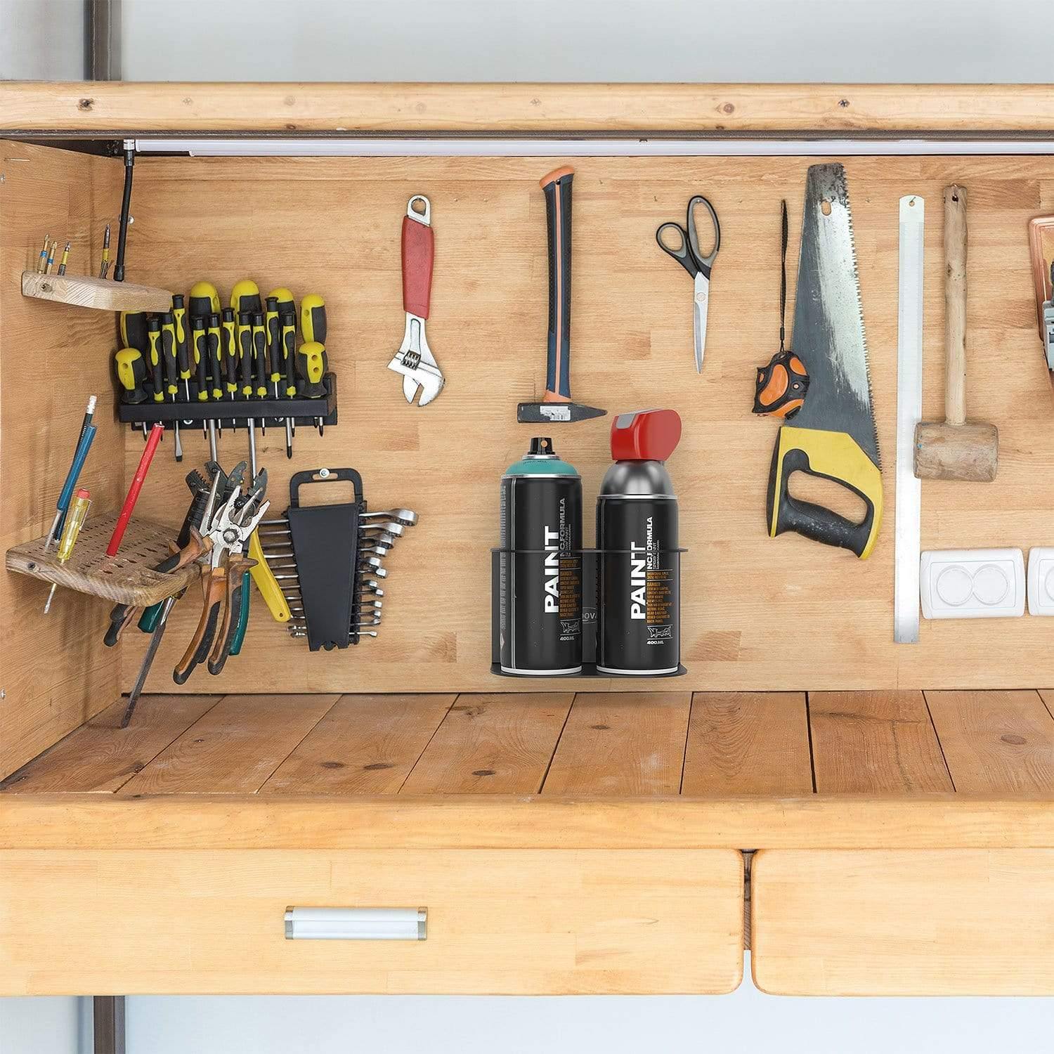 Two spray paint can holder for garage - mount aerosol cans on the workbench wall