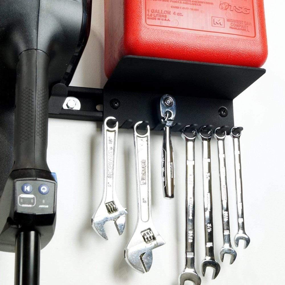Gas can shelf with tool holders for garage storage