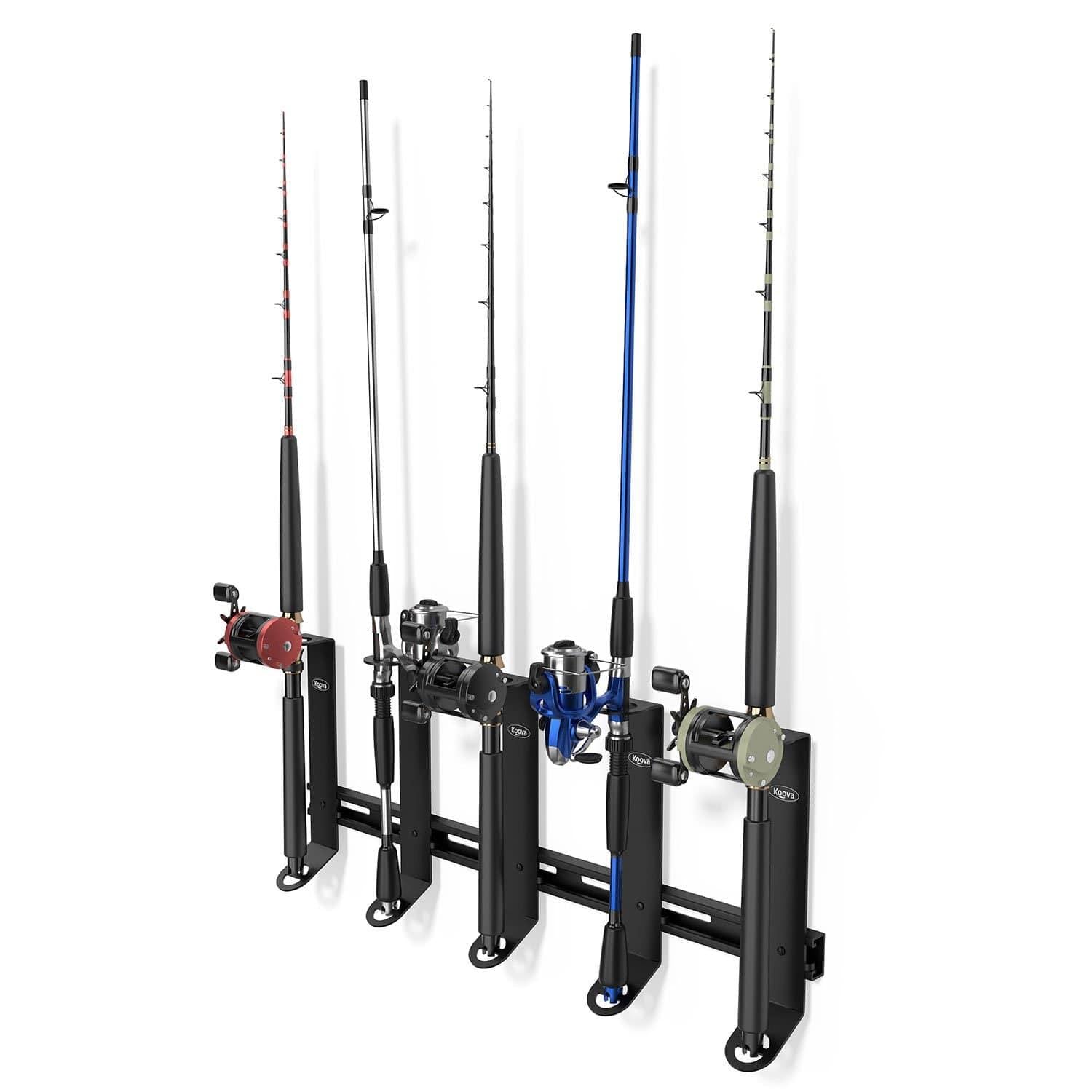 Wall mounted fishing rod holder for offshore fishing poles