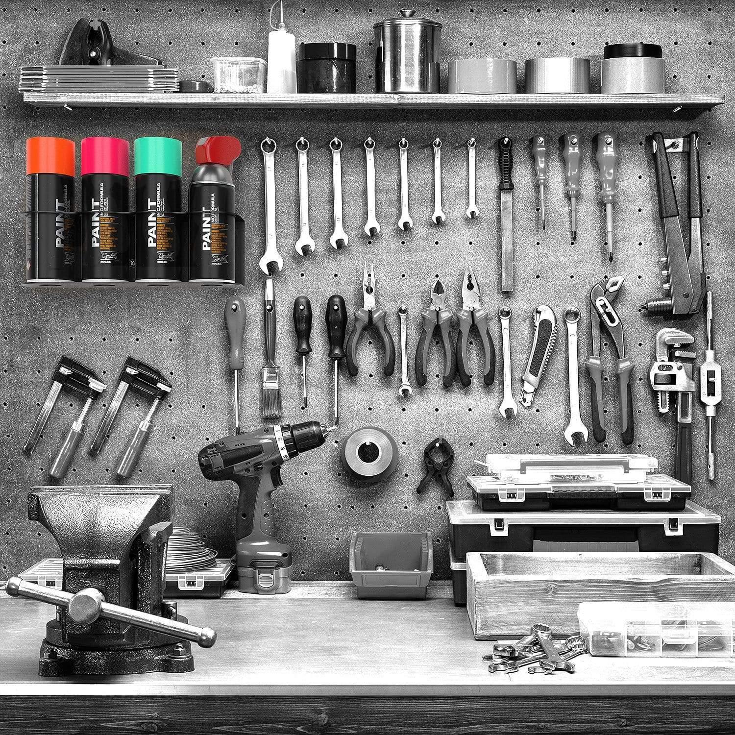 Wall mount 4 spray cans on the wall of your garage, shed, workbench, hobby room, craft room, or laundry room