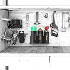 3 spray can wall mount holder for spray paint cans, lubrication cans, and spray glue for workbench