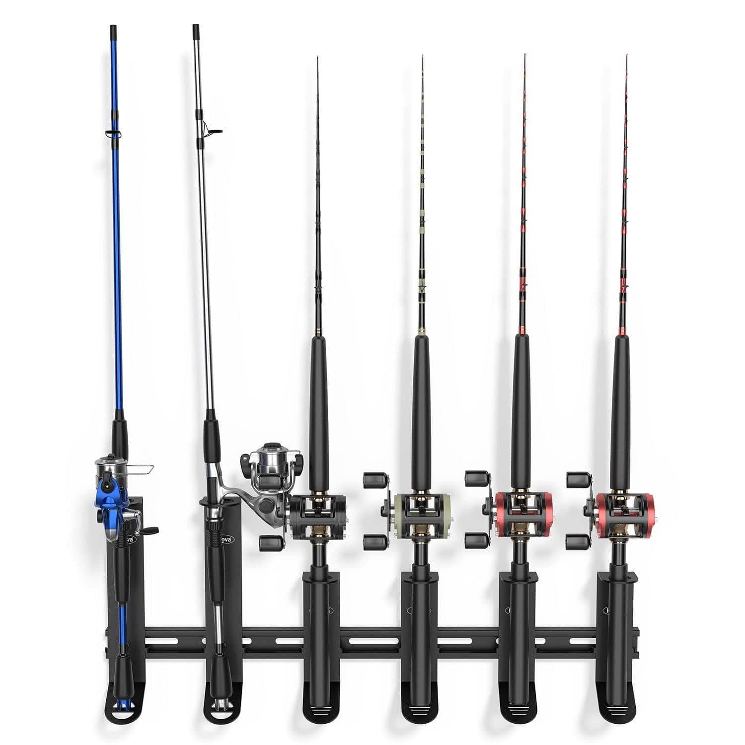 Wall mounted fishing rod holder for spinning and offshore fishing poles