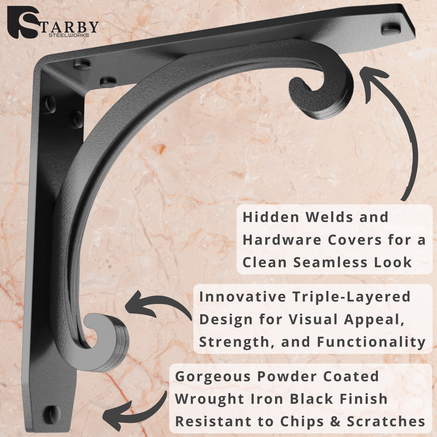 Starby Southern Charm Heavy Duty Steel Fireplace Mantel Brackets, Floating Shelf, Countertop Support - Hand Welded (2 Pack)