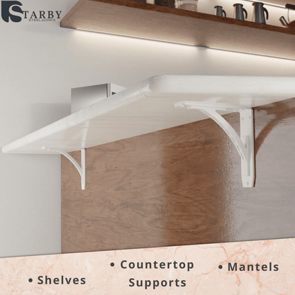 STARBY Designer Heavy Duty Metal Shelf Brackets (2 Each) - Fireplace Mantel Corbels, Shelf Brackets and Counter Supports - Wrought Iron White Finish - Hardware Included - 500 # Capacity - Made in USA