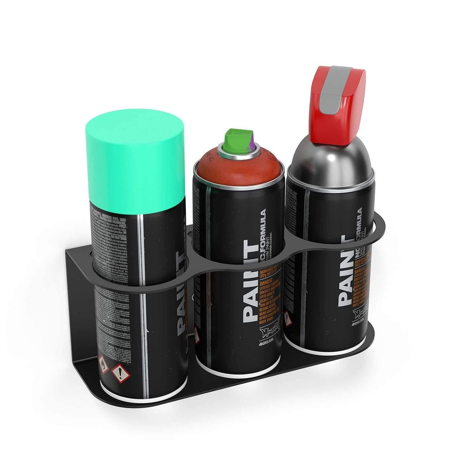 3 spray can wall mount holder for spray paint cans, lubrication cans, and spray glue for shed