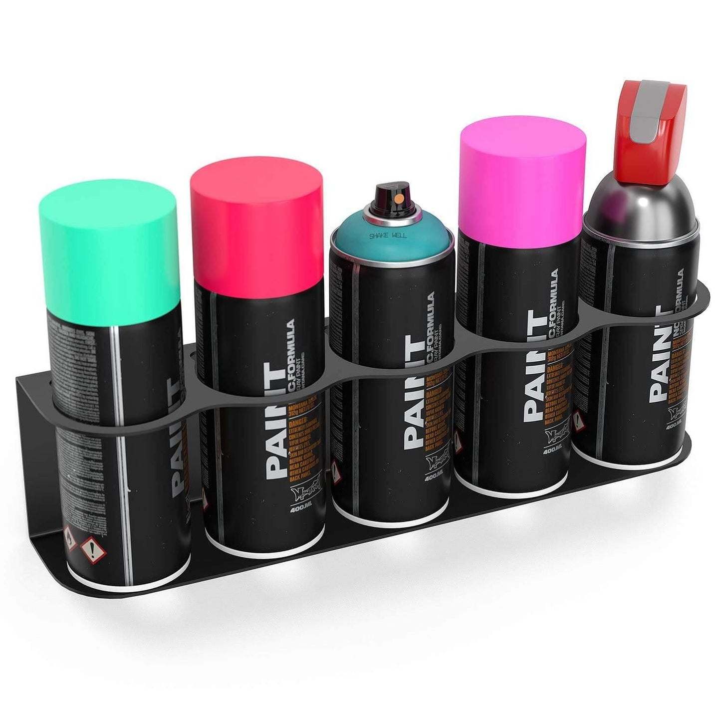 Store up to 5 aerosol spray cans with the Koova wall mounted spray can holder