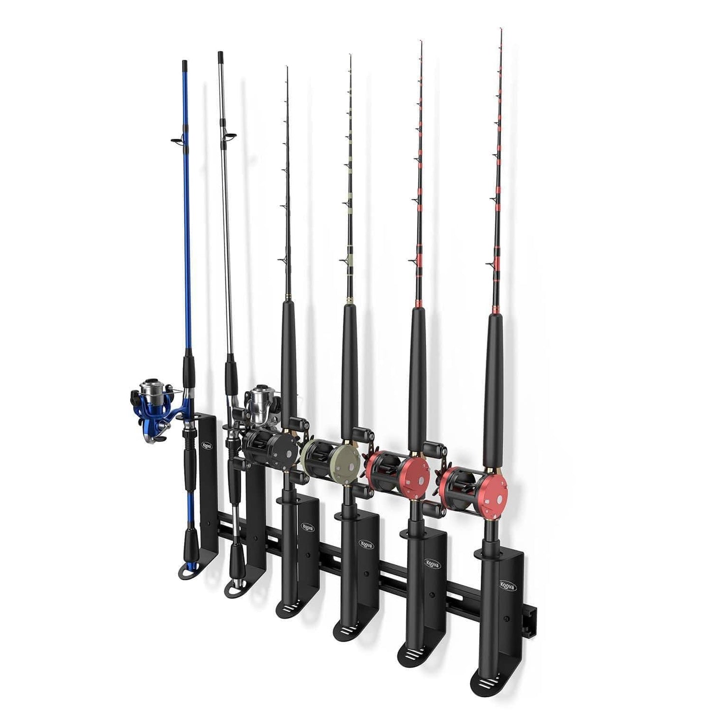 Wall mounted fishing pole rack for spinning and offshore fishing poles