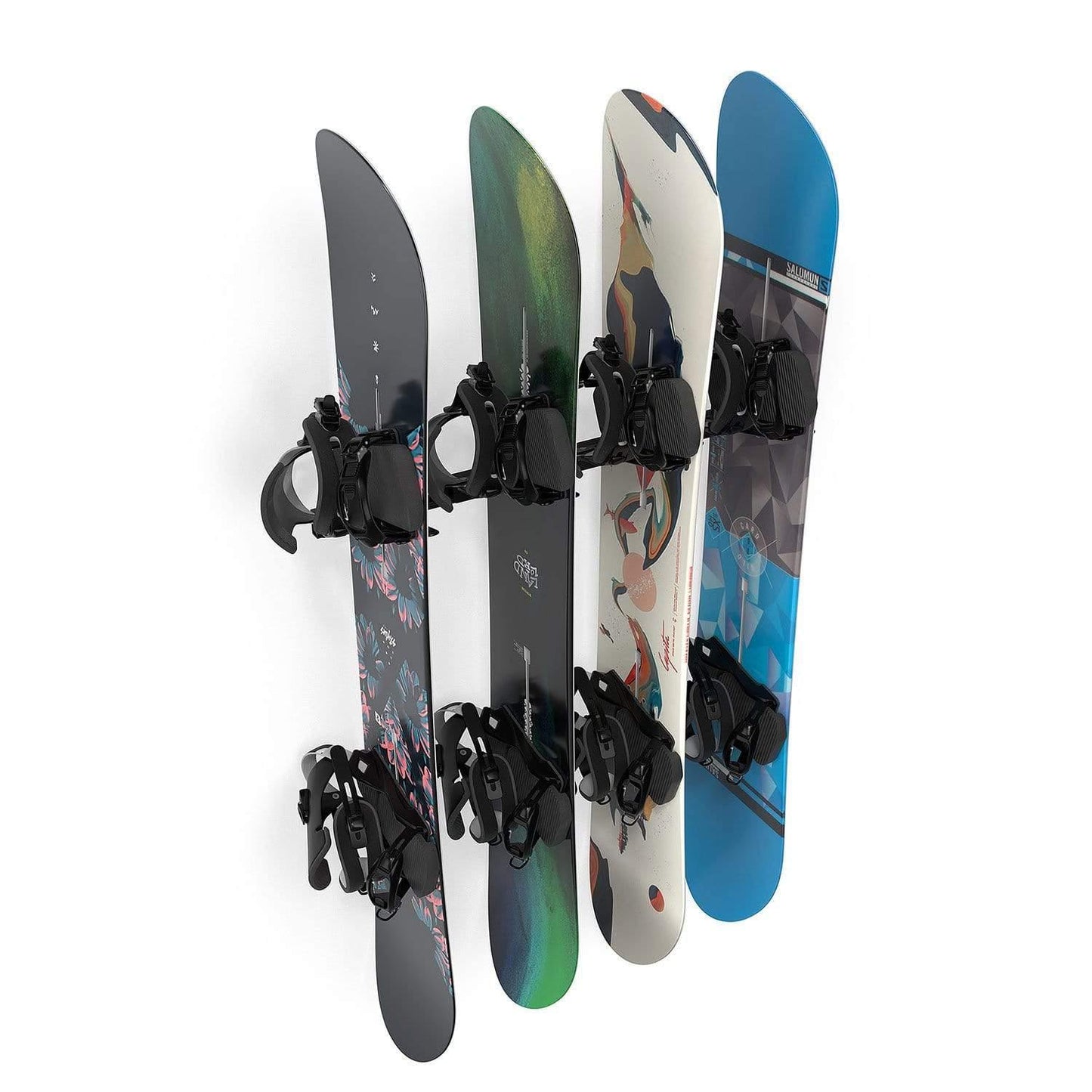Wall mounted snowboard rack that fits up to 4 snowboards vertically on a garage or shed wall